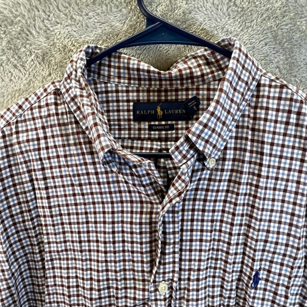 Ralph Lauren Classic‎ Fit Button Down Shirt Mens XL Gingham Check Brown Blue